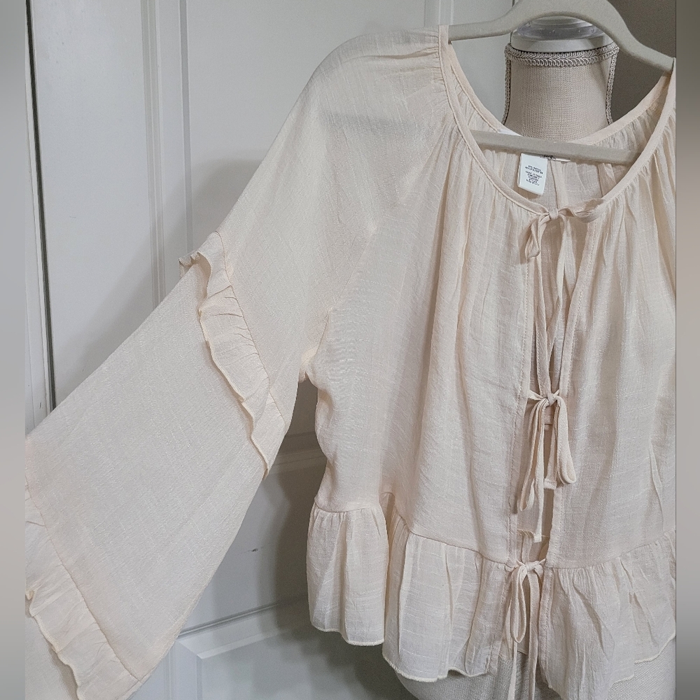 Altar'd State Cream Open Front Tie Ruffle Blouse - Picture 3 of 5